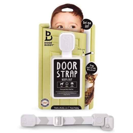 Door Buddy Baby Proof Door Lock with Adjustable Strap. No Need for Baby Gate. Child Proof Room with Litter Box while Cats Enter Easily. Installs in Seconds and is Simple and Convenient to Use. (Grey)