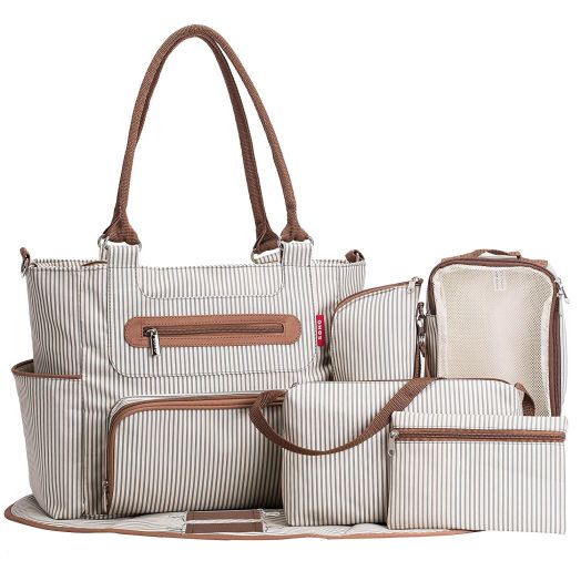 SoHo diaper bag Grand Central Station 7 pieces set nappy tote bag large capacity for baby mom dad stylish insulated unisex multifuncation waterproof includes changing pad stroller straps Stripe White