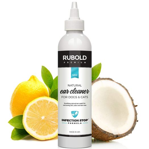RUBOLD Natural Dog Ear Cleaner - Best Infection Treatment Solution for Dogs and Cats - Complementary for Hydrocortisone Antibiotic Drops and Other Pet Medicine - Fights Fungus Mite or Yeast Infections