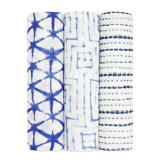 aden + anais Silky Soft Swaddle Baby Blanket, 100% Viscose Bamboo Muslin, Large 47 X 47 inch, 3 Pack, Indigo, Blue