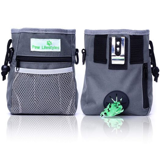 Paw Lifestyles  Dog Treat Training Pouch  Easily Carries Pet Toys, Kibble, Treats  Built-in Poop Bag Dispenser  3 Ways to Wear  Grey