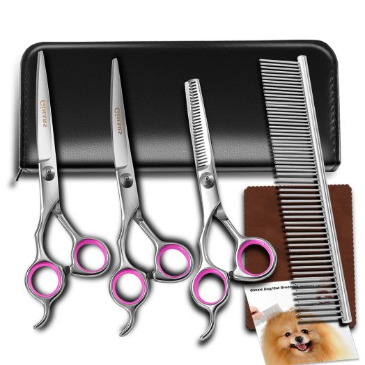 Dog Grooming Scissors, Gimars Heavy Duty Titanium Coated Stainless Steel Pet Grooming Trimmer Kit - Perfect Thinning, Straight, Curved Shears with Comb for Long and Short Hair, Fur for Cat and More Pets