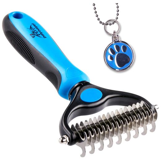 Pet Grooming Tool - 2 Sided Undercoat Rake for Cats and Dogs - Safe Dematting Comb for Easy Mats and Tangles Removing - No More Nasty Shedding and Flying Hair