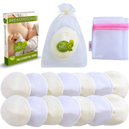 MandY Organic Bamboo Nursing Pads | 14-Pack + 3 Bonuses | Washable, Reusable and Waterproof | Contoured, Medium (3.9''), White/Beige
