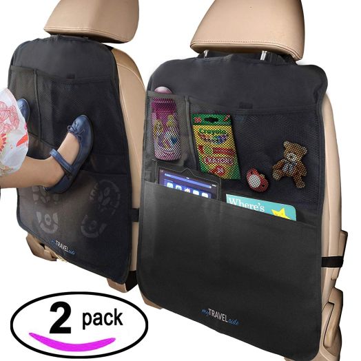 MyTravelAide Kick Mats with Car Backseat Organizer - XL Storage Pocket - 2 Pack - 100% Waterproof - Premium XL Protector for Car Seat Back