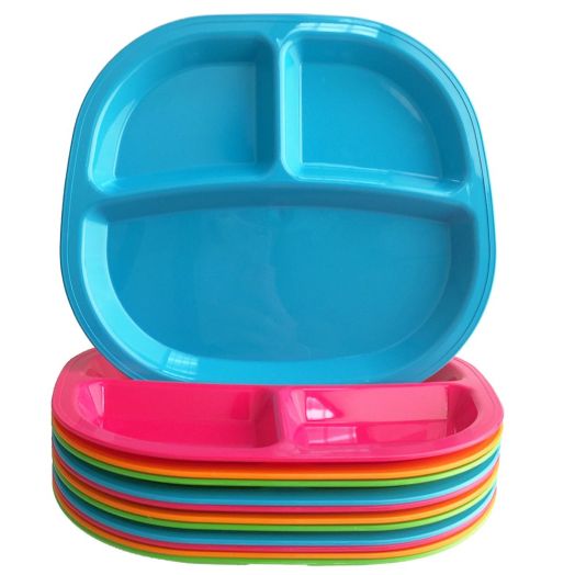 3-Compartment Divided Plastic Kids Tray | set of 12 in 4 Assorted Colors
