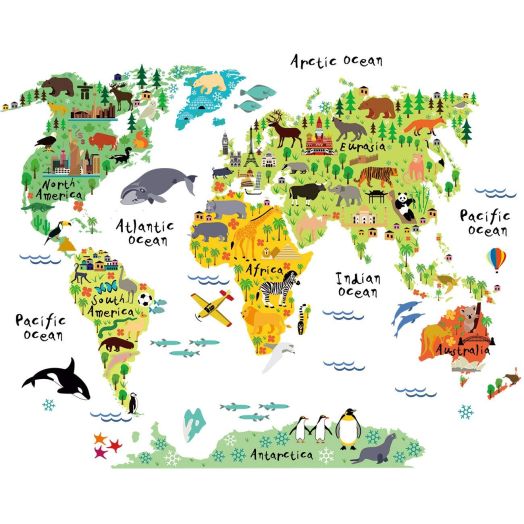 HomeEvolution Large Kids Educational Animal Landmarks World Map Peel and Stick Wall Decals Stickers Home Decor Art for Nursery