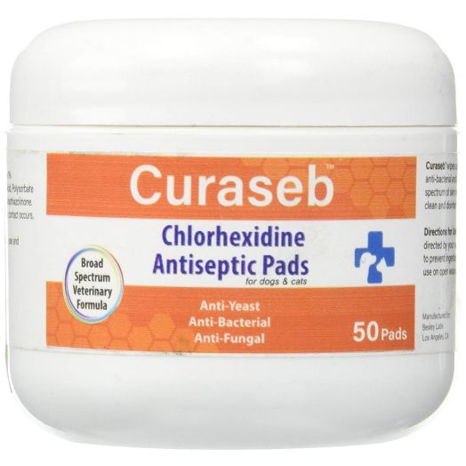 Curaseb | Chlorhexidine Wipes  50 Antiseptic Pads w/ Aloe for Dogs and Cats - Antifungal and Antibacterial - Cleans Face, Ears and Body, Effective Against Pyoderma, Acne and Hot Spots, Made in USA, 50 Count