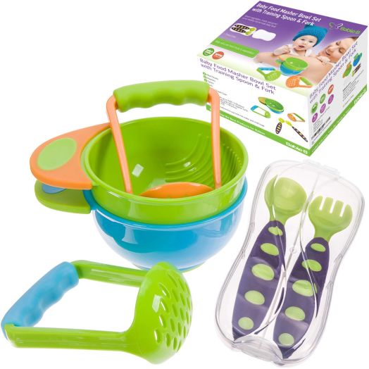 BabieB Mash and Serve Bowl Set to Make Homemade Baby Food w/toddler spoon fork utensil w/travel case included