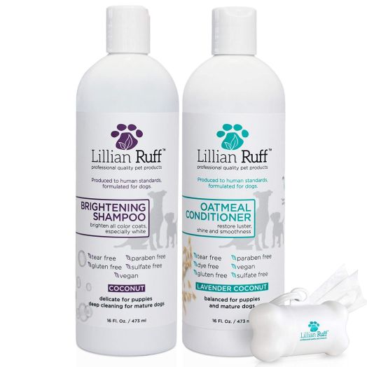 Lillian Ruff Dog Shampoo Conditioner Set - Coconut Brightening Shampoo and Soothing Lavender Coconut Oatmeal Conditioner - Tear Free with Aloe for Normal, Dry and Sensitive Skin (16 oz.)