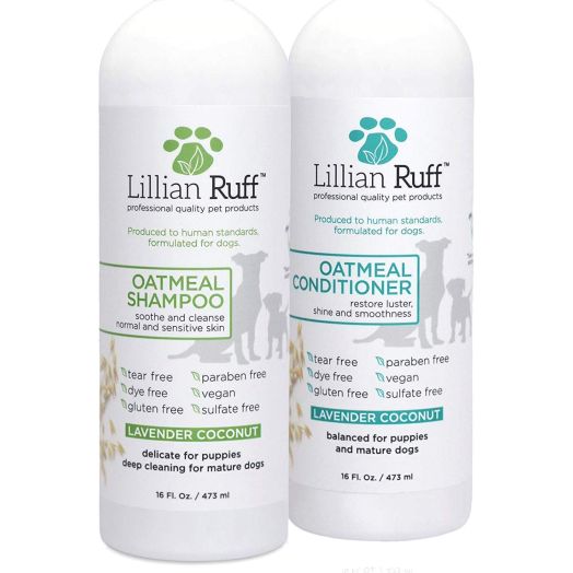 Lillian Ruff Dog Oatmeal Shampoo and Conditioner Set - Lavender Coconut Scent for Itchy Dry Skin with Aloe- Deodorize and Soothe - Gentle Cleanser for Normal to Sensitive Skin (16oz.)