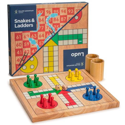 Yellow Mountain Imports Wooden Snakes and Ladders, Ludo Game Set, Reversible, 2 Games in 1