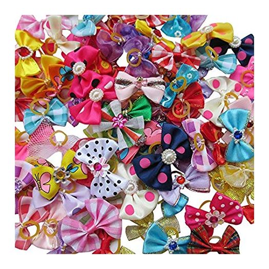 Chenkou Craft Random of 20pcs New Dog Hair Bow with Rubber Band Rhinestone Pet Grooming Products Mix Colors Varies Patterns Pet Hair Bows Dog Accessories