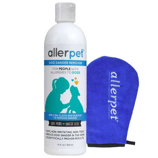 Allerpet Dog Dander Remover, 12oz Bottle + Bonus Pet Mitt Applicator to Easily Apply Solution to Your Pet - Scientifically Proven for Effective Dog Allergy Relief - Proudly USA Made