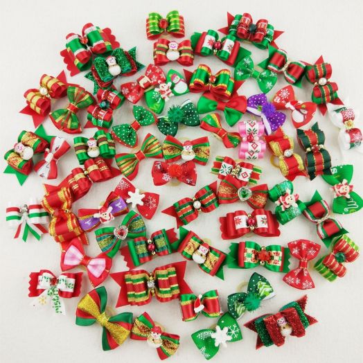 Hixixi 50pcs/Pack Dog Puppy Cat Christmas 3D Rhinestone Hair Bows with Rubber Bands Flat Pet Xmas Grooming Accessories
