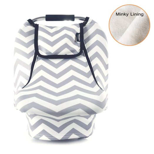 Stretchy Baby Car Seat Covers For Boys Girls, Infant Car Canopy for Spring Autumn Winter,Snug Warm Breathable Windproof, Zipped Peep Window,Universal Fit, Grey White chevron -Patented Design