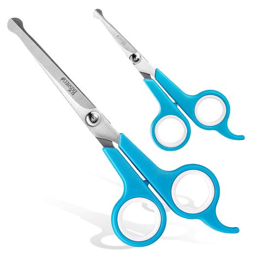BOSHEL Dog Grooming Scissors Set - 2 Pet Grooming Scissors  Safe Rounded Tips  1 Small Micro Serrated Dog Trimming Scissor for Face, Ear, Nose and Paw + 1 Larger Dog Scissor - Dog Grooming Shears Set