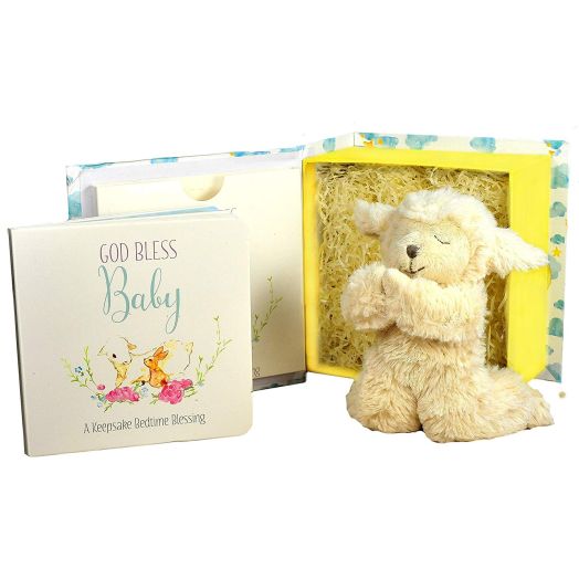 Baby Baptism Gift Set with Praying Musical Lamb and Prayer Book in Keepsake Box for Christening Boys and Girls