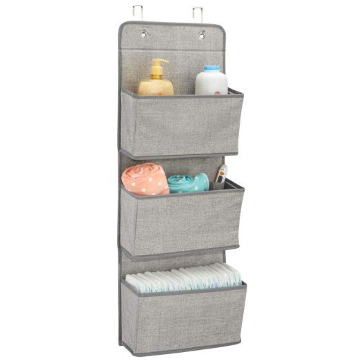 mDesign Soft Fabric Wall Mount/Over Door Hanging Storage Organizer - 3 Large Pockets for Child/Kids Room or Nursery, Hooks Included - Textured Print - Gray
