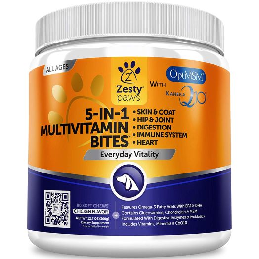 Zesty Paws Multivitamin for Dogs - Glucosamine and Chondroitin + MSM for Hip and Joint + Arthritis Relief - Digestive Enzymes and CoQ10 + Fish Oil for Skin and Coat - for All Ages