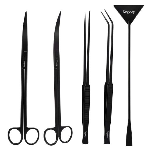 Segarty Aquarium Tools Kit, 5 in 1 Long Stainless Steel Aquarium Tank Aquascaping Tools, Aquatic Plant Tweezers Scissors Spatula Landscaping Cleaning Tool Set and Fish Starter Kit