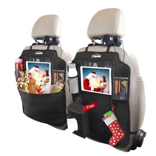 Oasser Kick Mats Car Seat Back Protectors Back of Seat Organizers 2 Pack XL with 1 Tissue Box Clear 10" Ipad Holder 3 Large Storage Organizers