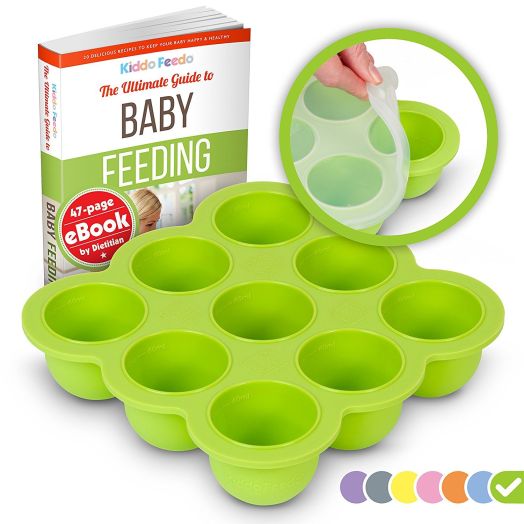 KIDDO FEEDO Baby Food Storage Container and Freezer Tray with Silicone Clip-On Lid - 9x2.5oz Easy-Out Portions - BPA Free and FDA Approved - Free eBook by Award-Winning Author/Dietitian - Green