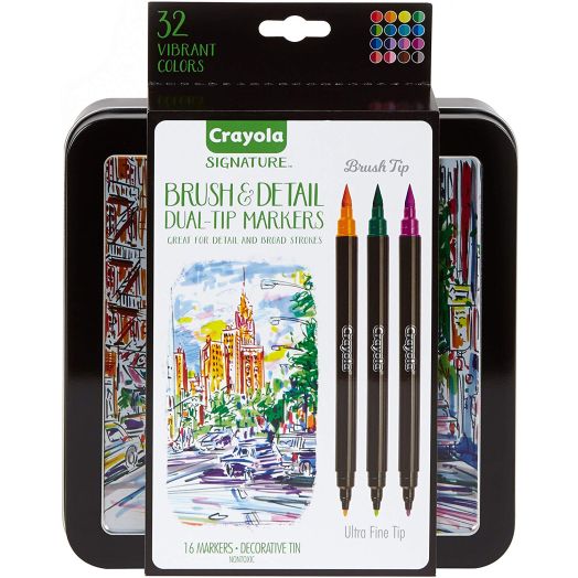 Crayola Brush Markers, Dual-Tip with Ultra Fine Marker, Decorative Storage Case, 32 Colors, 16 Count