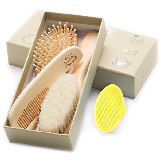 Wooden Baby Hair Brush and Comb Set (4-Piece) for Newborns and Toddlers | Ideal for Baby Cradle Cap | Wood Bristles Baby Brush | Baby Massage and Scalp Brush | Perfect for Baby Registry Gift Set | Hea