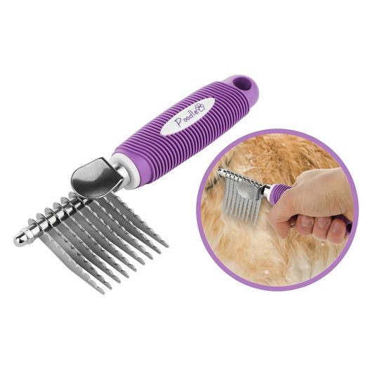 Poodle Pet Dematting Fur Rake Comb Brush Tool - with Long 2.5 Steel Safety Blades for Detangling Matted or Knotted Undercoat Hair, Safe Grooming Accessories for Dogs, Longhaired Cats, Rabbits, Horses