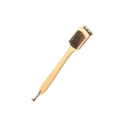 Rocky Mountain Goods Wooden Handle Grill Brush with Scraper - Long solid wood handle - Stainless Steel Bristles - Non scratch bbq grill brush - Works for all grill types - Leather hang loop