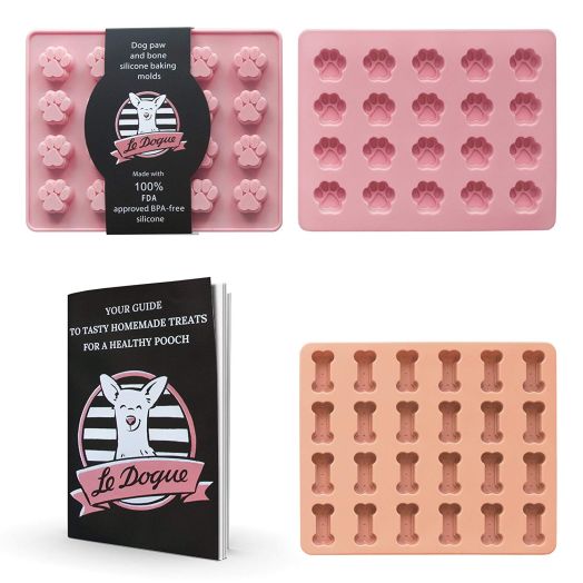 Le Dogue Mini Dog Paw and Bone Silicone Baking Tray Molds with Healthy Recipe Booklet, For Puppy Treats, Cookies and Ice Cubes, Food Grade  Silicone