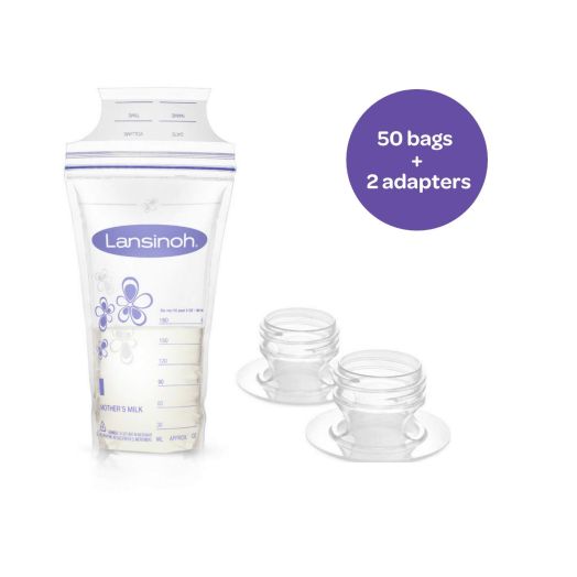 Lansinoh Breastmilk Storage Bags, 50 Count Convenient Milk Storage Bags for Breastfeeding, Includes 2 Free Pump adapters