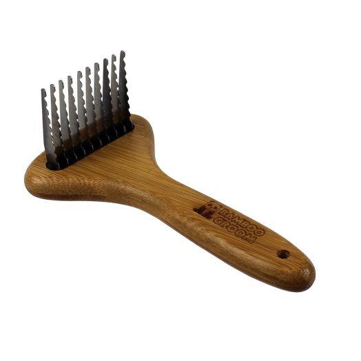 Bamboo Groom Dematting Rake with Stainless Steel Serrated Blades for Pets