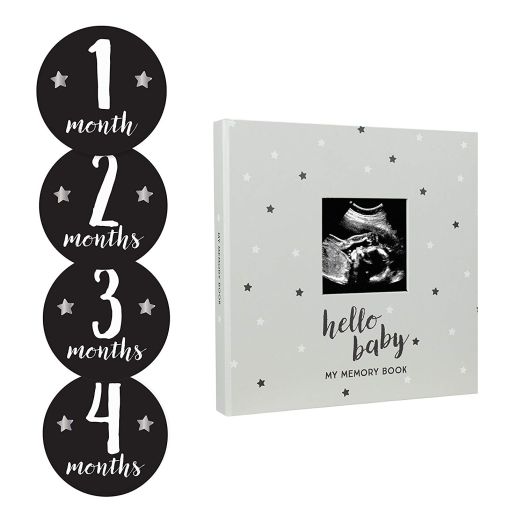 Pearhead Hello Baby, Black and White Stars, Baby Memory Book with Included Baby Belly Stickers