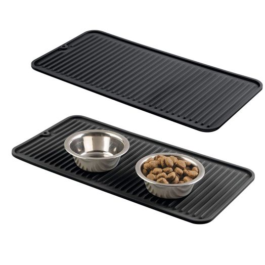 mDesign Premium Quality Pet Food and Water Bowl Feeding Mat for Dogs and Puppies - Waterproof Non-Slip Durable Silicone Placemat - Food Safe, Non-Toxic - Small, 2 Pack - Black