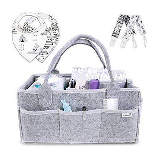Putska Baby Diaper Caddy Organizer: Portable Holder Bag for Changing Table and Car, Nursery Essentials Storage bins gifts with 2 Pacifier Clips, 2 Bibs