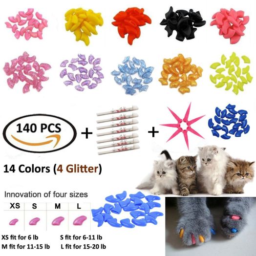 JOYJULY 140pcs Pet Cat Kitty Soft Claws Caps Control Soft Paws of 4 Glitter Colors, 10 Colorful Cat Nails Caps Covers + 7 Adhesive Glue+7 Applicator with Instruction