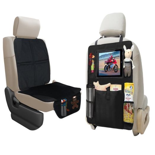 lebogner Car Seat Protector + Backseat Organizer with iPad and Tablet Holder, Durable Quality Seat Covers, 5 Pocket Storage Car Seat Back Organizer and Kick Mat Protector, Travel Accessories Organizer