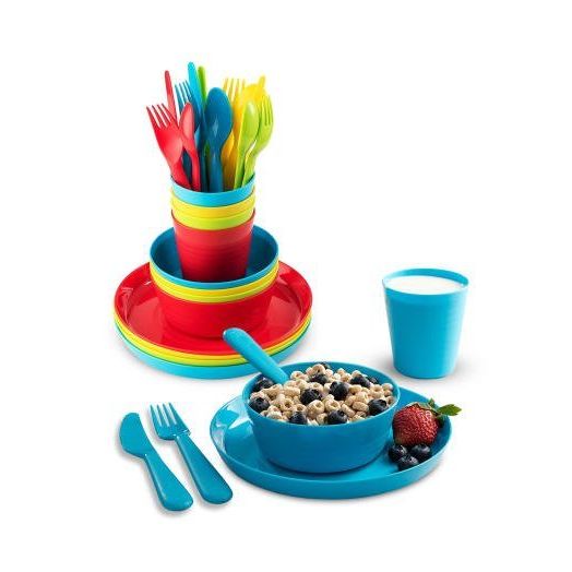 Plastic Dinnerware Set of 4 By Plaskidy - 24 piece Kids dishes Set Includes, Kids Cups, Kids Plates, Kids Bowls, Flatware Set, Kids dinnerware set is Reusable, Microwave - Dishwasher Safe, BPA Free.