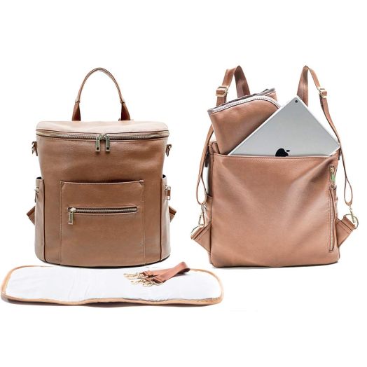 Leather Diaper Bag Backpack by MF Store, Diaper Backpack with Laptop Sleeve,Changing Pad,Wipes Pouch,Diaper Bag Organizer,Stroller Straps and Insulated Pockets (Brown)