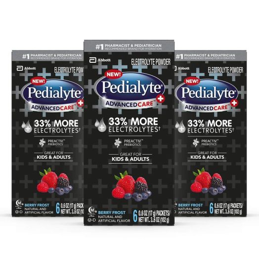 Pedialyte AdvancedCare Plus Electrolyte Powder, with 33% More Electrolytes and PreActiv Prebiotics, Berry Frost, Electrolyte Drink Powder Packets, 0.6 oz (18 Count)