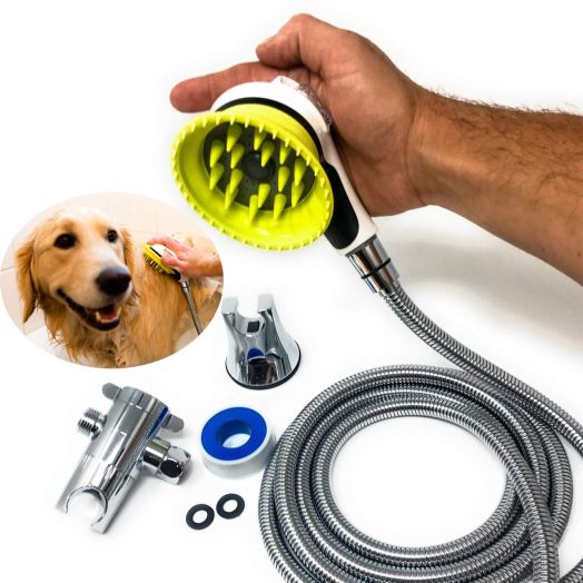 All-In-One Quality Dog Shower Kit | Innovative Shower Brush and Splash Shield | Keep Water Away From Dogs Ears, Eyes and Yourself | 8 ft Flexible Metal Hose, Shower Diverter and Suction Cup Holder