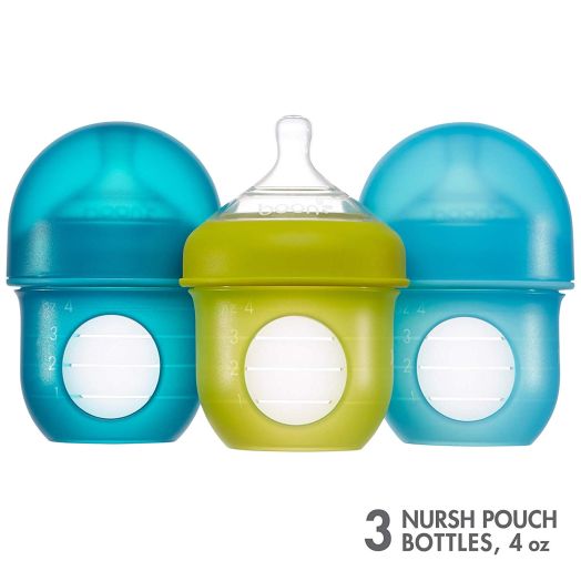 Boon, NURSH Reusable Silicone Pouch Bottle, Air-Free Feeding, 4 Ounce with Stage 1 Slow Flow Nipple (Pack of 3)