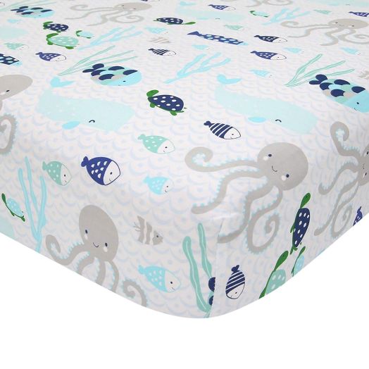 Lambs and Ivy Oceania 100% Cotton Fitted Crib Sheet - White with Blue Nautical/Aquatic Fish and Octopus