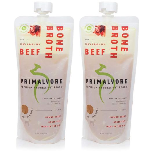 Primalvore: Organic Bone Broth for Dogs and Cats (12 Oz) - Grass Fed Beef or Free Range Chicken Flavors - Human Grade - Support Digestion, Mobility, Shiny Coat and Nails - Added Collagen and Turmeric