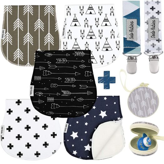 Baby Burp Cloths Pack of 5 by Dodo Babies + 2 Pacifier Clips + Pacifier Case, Premium Quality Unisex Boy or Girls Soft and Absorbent, Excellent Baby Shower/Registry Gift