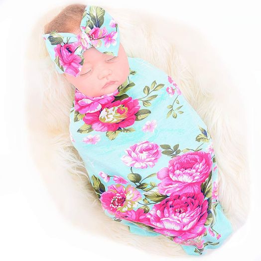 Galabloomer Newborn Receiving Blanket Headband Set Flower Print Baby Swaddle Receiving Blankets