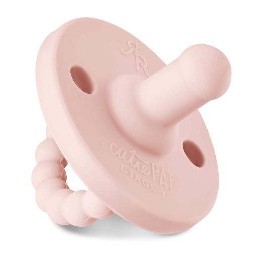 Ryan and Rose - Cutie PAT (Stage 1) - All-in-One Pacifier and Teether Massaging Teething Ring and Hideaway Binky for Growing Babies (Pink, Stage 1)
