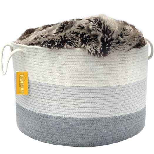 OrganiHaus XXL Cotton Rope Basket | Wide 20" x 13.3" Blanket Storage Basket with Long Handles | Decorative Clothes Hamper Basket | Extra Large Baskets for Blankets Pillows or Laundry (Gray)